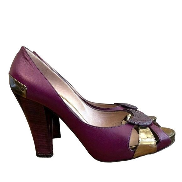 Pollini Women's 9.5 Euro 40 Purple Open Toe Pumps Snakeskin Gold Metallic Heels - Picture 3 of 10